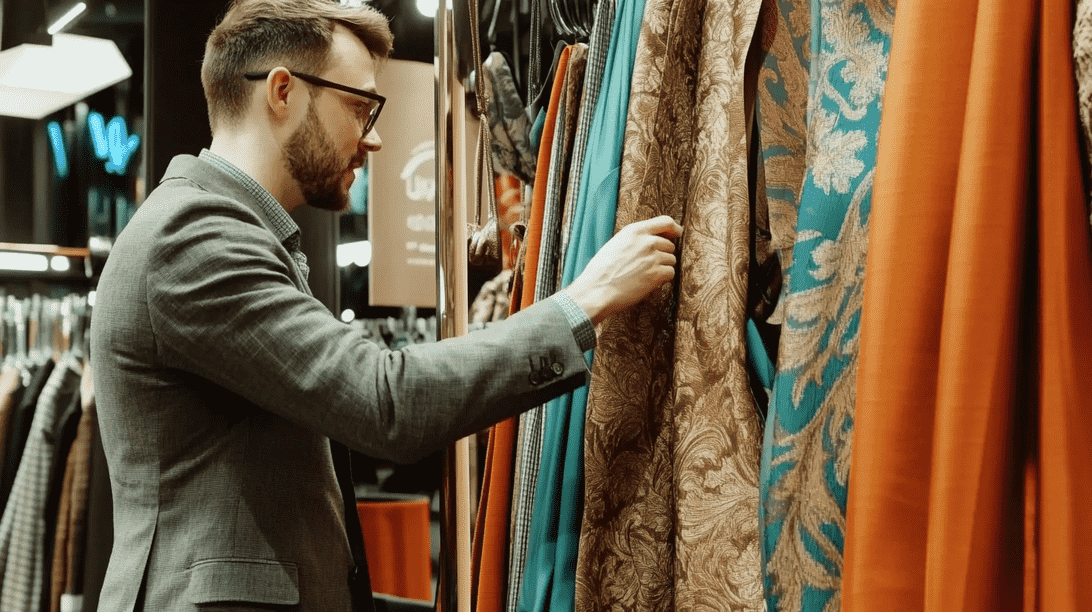 A man buying a lightly patterned suit fabric o