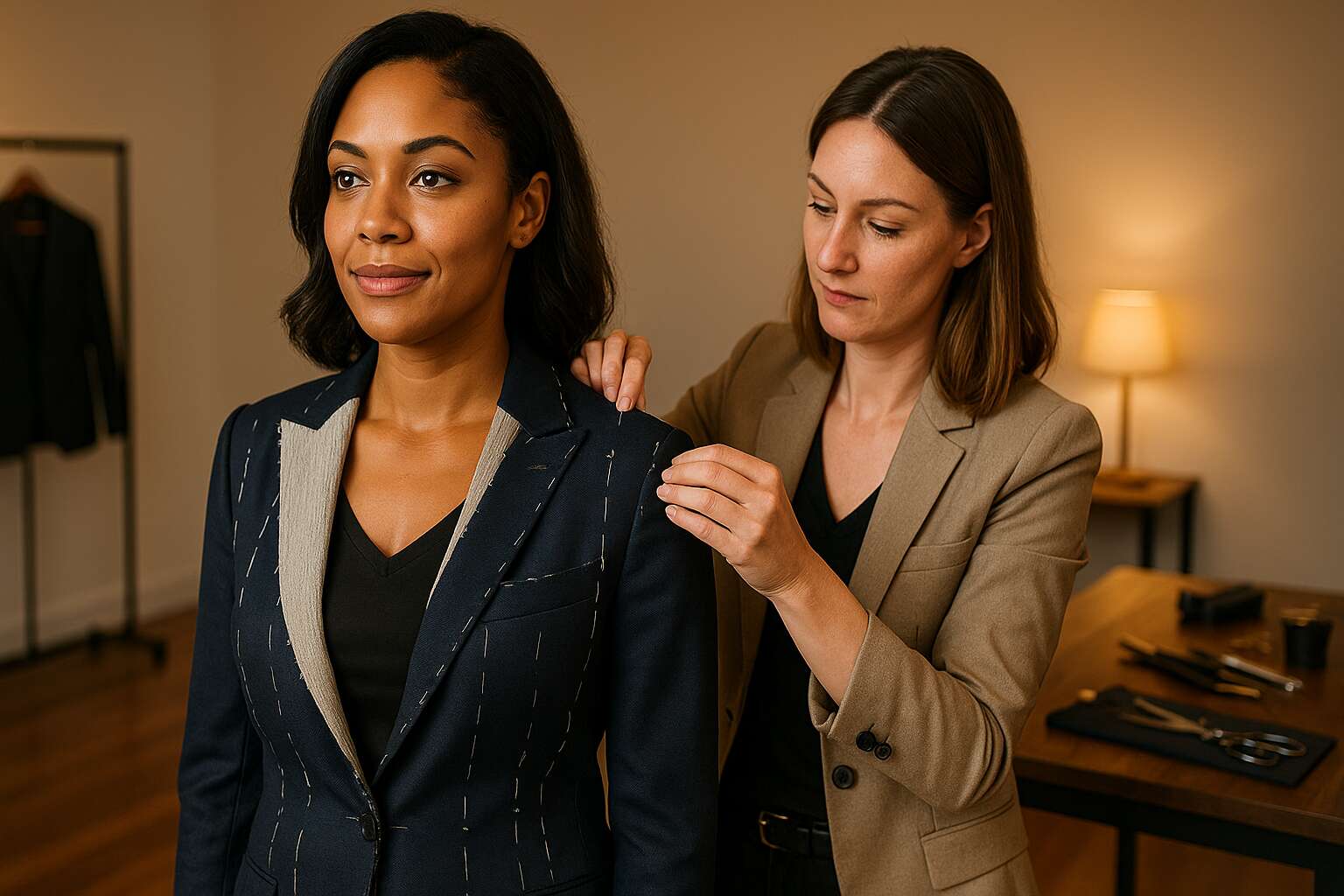 professional woman inside a modern studio with a women's suit tailor in Atlanta