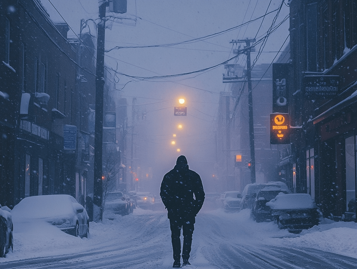 a man trudging his way through a blizzard